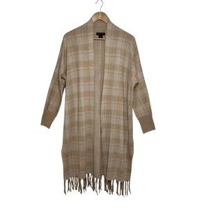 Rachel Zoe Dunster Maxi Sweater Fringe Hem Tan Plaid Oversized Cardigan S